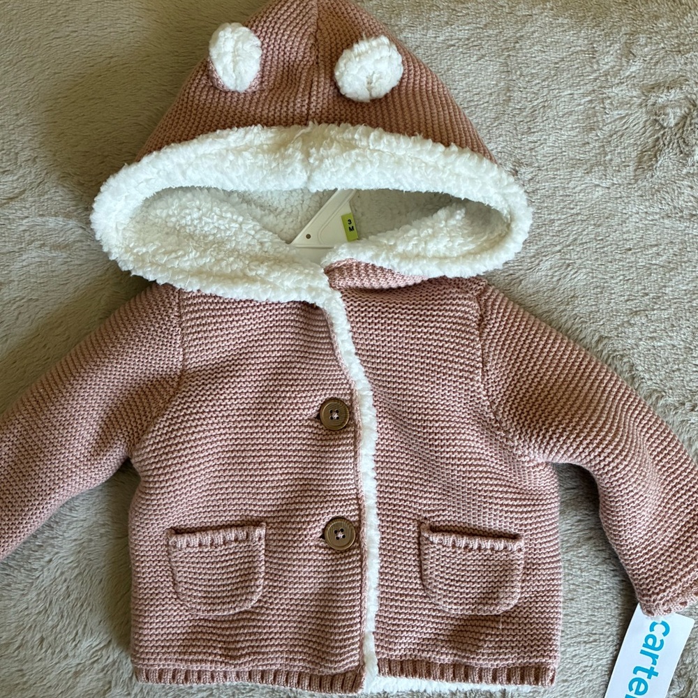 Carter's Cozy Blush Pink Hooded Sherpa Cardigan with Pompom Ears
